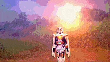 a pixel art of a superhero standing in a field with the sun shining behind him