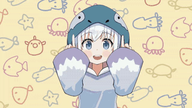 a girl wearing a shark hoodie is surrounded by drawings of fish and stars
