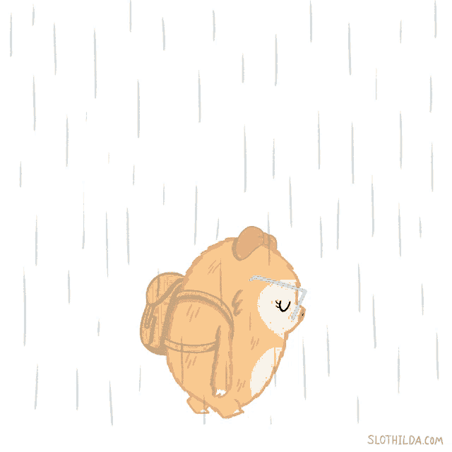 a cartoon of a sloth wearing glasses and a backpack in the rain