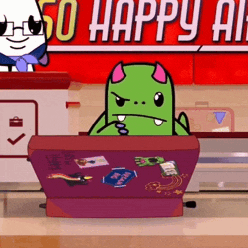 a cartoon character is sitting at a counter in front of a sign that says so happy all