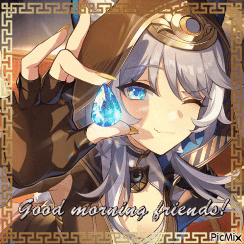 a picture of a girl holding a blue stone with the words good morning friends