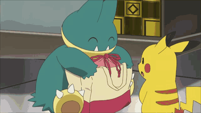 a pikachu is standing next to a cartoon character holding a present