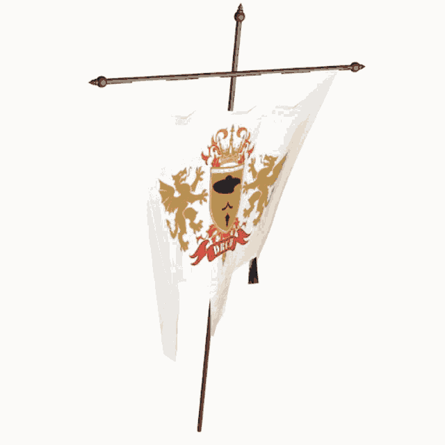 a white flag with a red ribbon that says " brew "