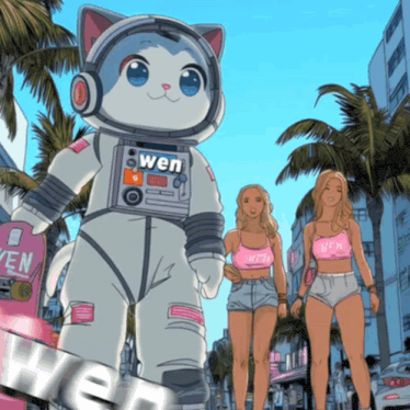 a cartoon drawing of a cat wearing a space suit with wen written on it