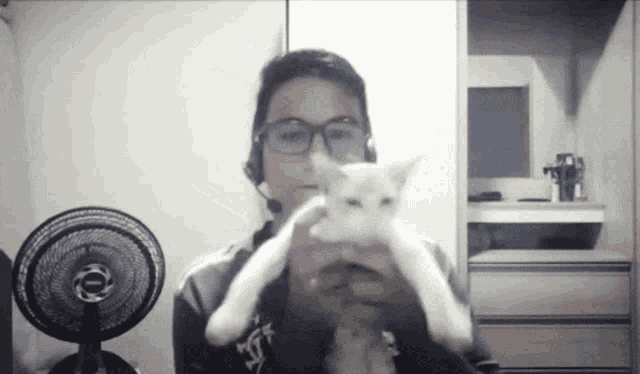 a person holding a cat in front of a fan with the letter e on it