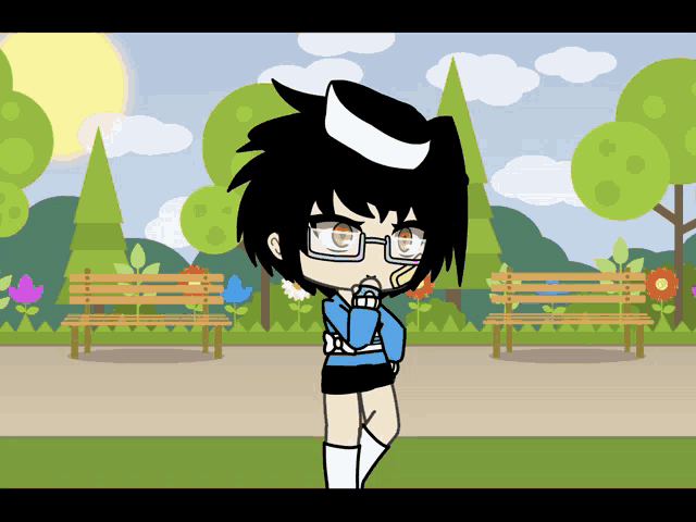 a cartoon of a girl wearing glasses and a hat