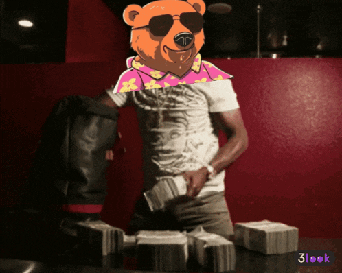 a man with a bear on his head is standing in front of a pile of money