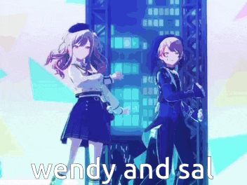 a couple of anime characters standing next to each other with the words wendy and sal written below them .