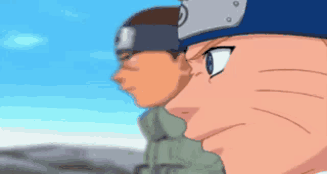 two anime characters are standing next to each other with one wearing a helmet with the letter o on it