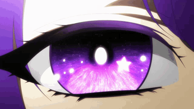 a close up of a woman 's eye with a purple galaxy in it