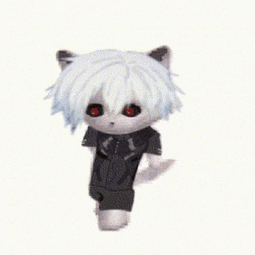a stuffed animal with white hair and red eyes is wearing a black shirt and shorts .