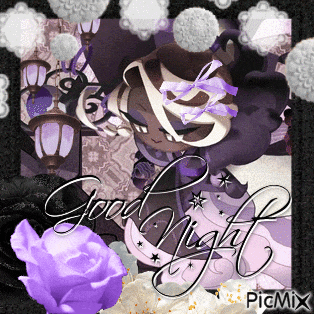 a picture that says good night with purple roses in the foreground