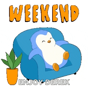 a penguin laying on a blue couch with the words weekend enjoy derek