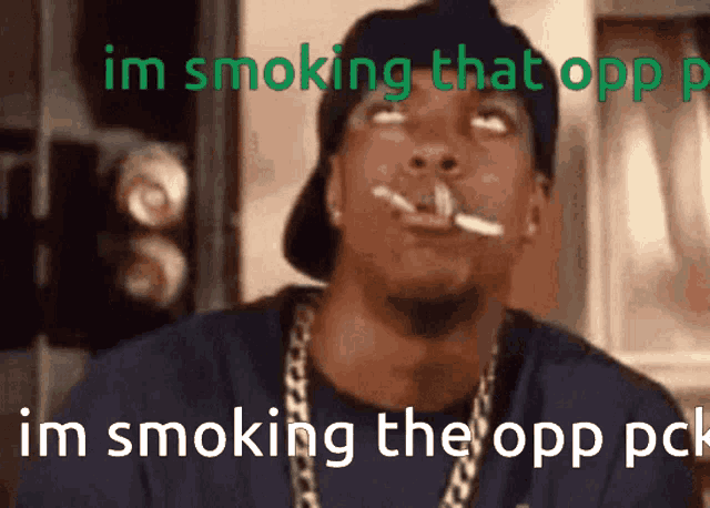 a man is smoking a cigarette with the words im smoking that opp on the bottom