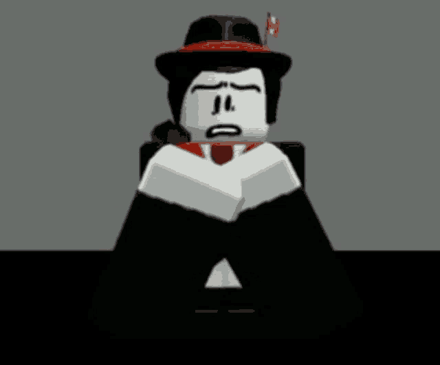 a roblox character is wearing a hat and tie and making a funny face .