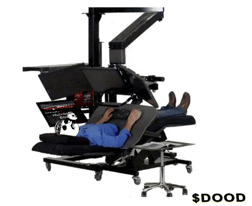 a man is laying in a chair with a laptop on his lap and the words $ dood written below him