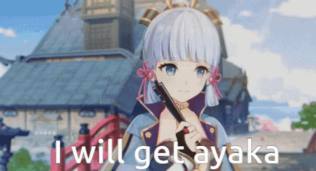 a video game character is holding a sword and saying i will get ayaka .
