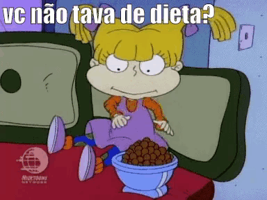 a cartoon of a girl sitting on a couch with a bowl of cereal and the words " vc não tava de dieta "