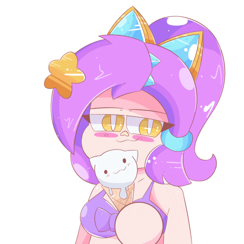 a cartoon drawing of a girl with purple hair eating ice cream