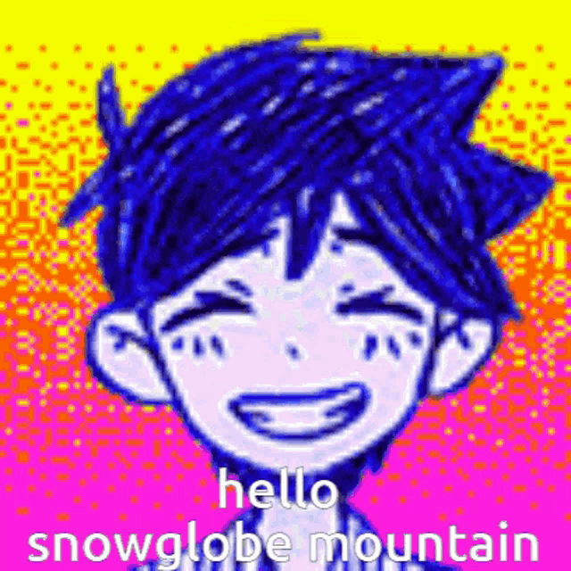 a drawing of a boy with blue hair is smiling and says hello snowglobe mountain .