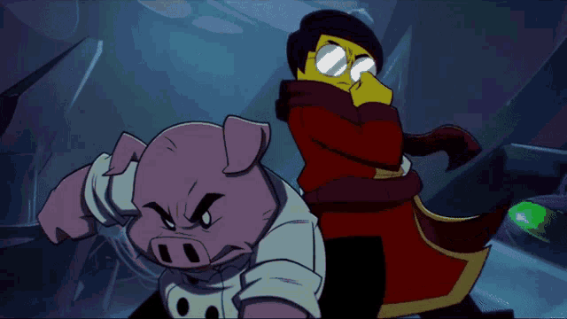 a cartoon of a pig and a man with glasses standing next to each other