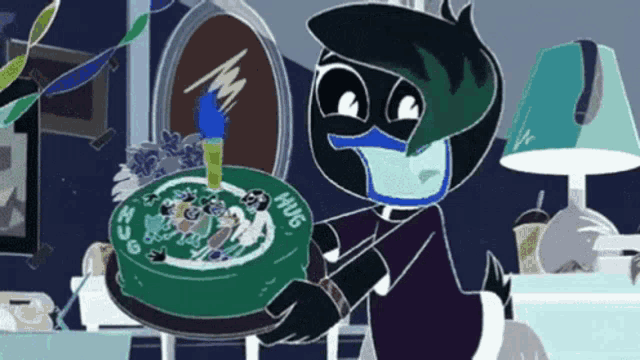 a cartoon character wearing a mask is holding a cake that says hug on it