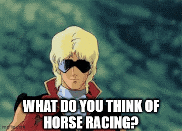 a man wearing sunglasses is asking what do you think of horse racing .