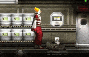 a clown is standing in front of a shelf with buckets on it and a sign that says " emergency "