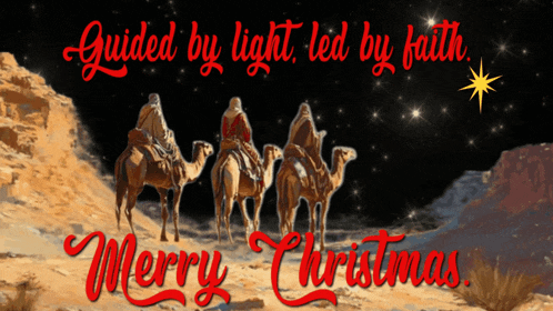 a merry christmas greeting card with three wise men riding camels