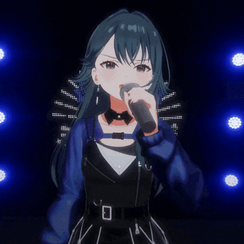 a girl with blue hair is singing into a microphone with a fan in the background