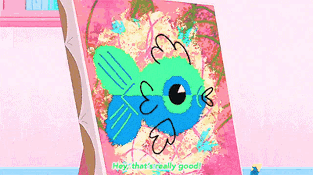 a cartoon drawing of a fish with the words hey that 's really good on the bottom