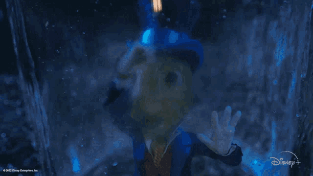 a disney animated character is behind a glass wall