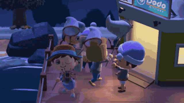 a group of cartoon characters are standing in front of a store called jodo