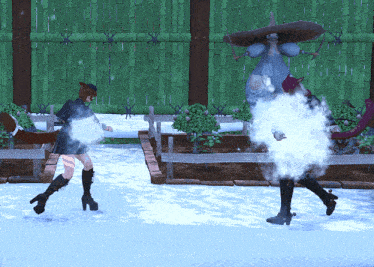 a computer generated image of two women standing in a snowy garden