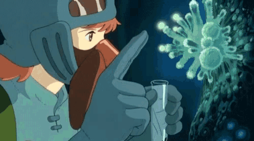 a cartoon character is holding a test tube in front of a glowing object