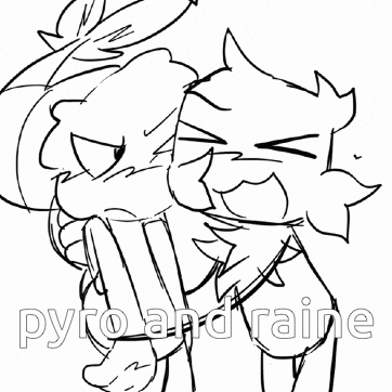 a black and white drawing of two cartoon characters with the words pyro and raine below them