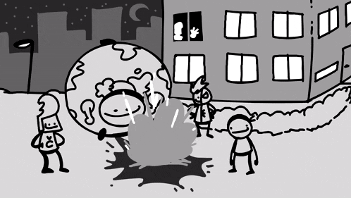 a black and white drawing of people standing around a globe with a face drawn on it