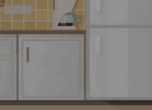 a cartoon girl is standing in a kitchen with a red bow on her head