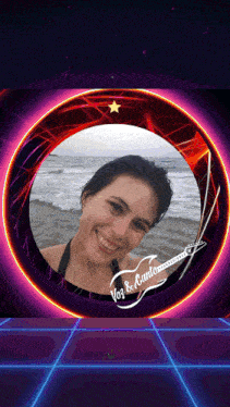 a woman is smiling in a circle with the words voz & canto on it