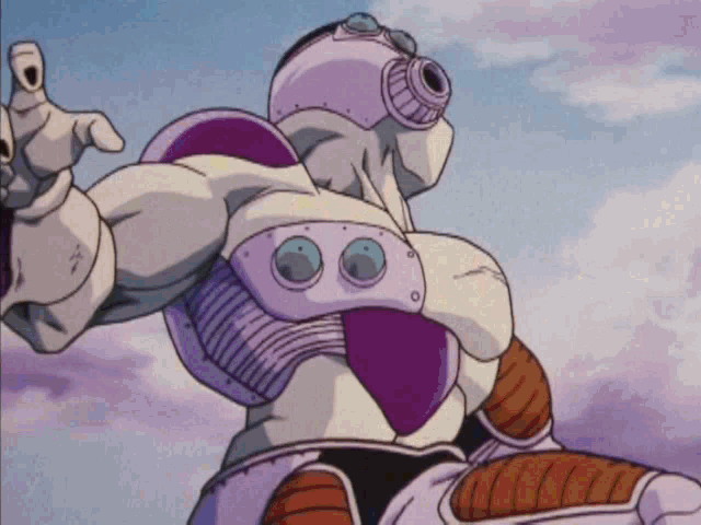 a cartoon character in a purple and white suit with goggles on his head