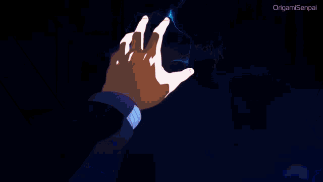 a person 's hand is reaching out towards a blue light and the words origami senpai are above it