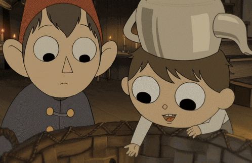two cartoon characters one with a teapot on top of his head