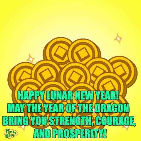 a happy lunar new year greeting card with gold coins