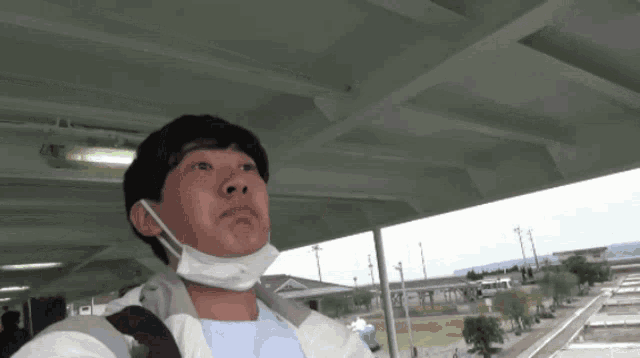 a man wearing a mask and a white jacket