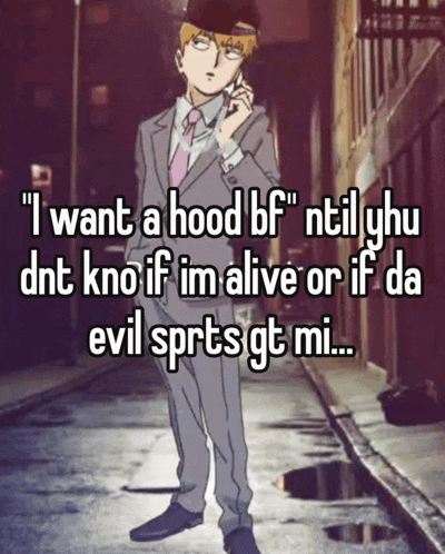 a man in a suit and tie talking on a cell phone with the words " i want a hood bf " written above him