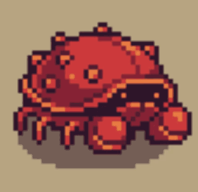 a pixel art drawing of a red crab with sunglasses