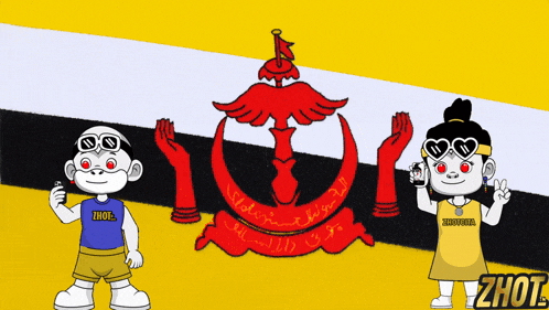 a boy and a girl are standing in front of a flag that says zhou