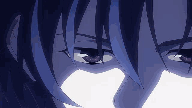 a close up of a person 's face with purple eyes and blue hair