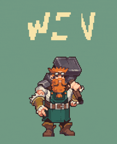 a pixel art drawing of a bearded man holding a hammer and the word wen behind him