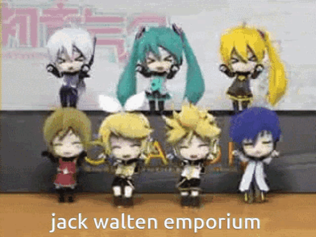 a group of anime characters are standing next to each other with the words jack walten emporium written below them